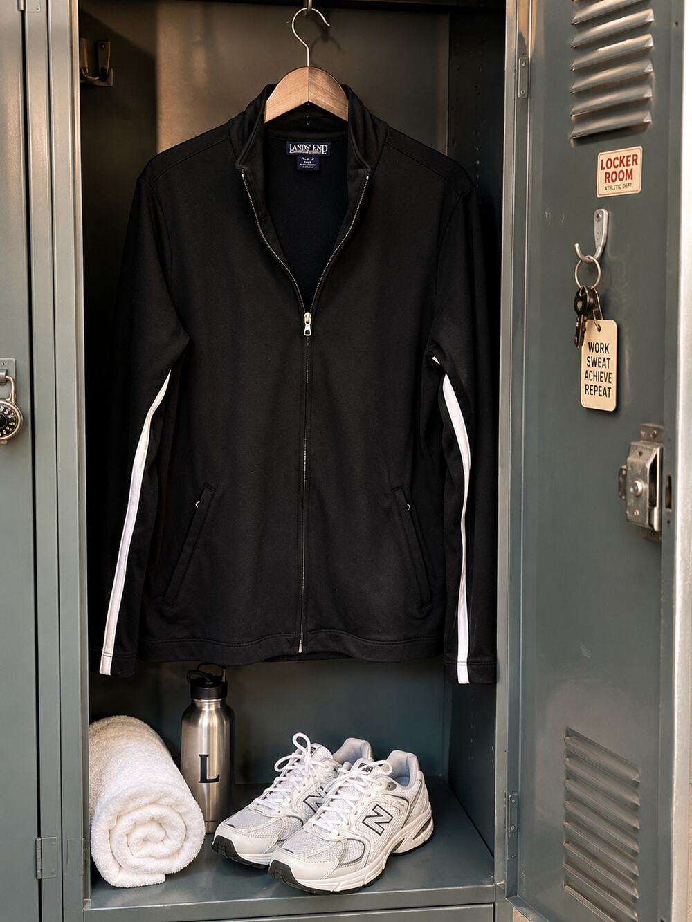 Lands’ End Women’s Black Full Zip Track Jacket Size L 14-16 White Stripe